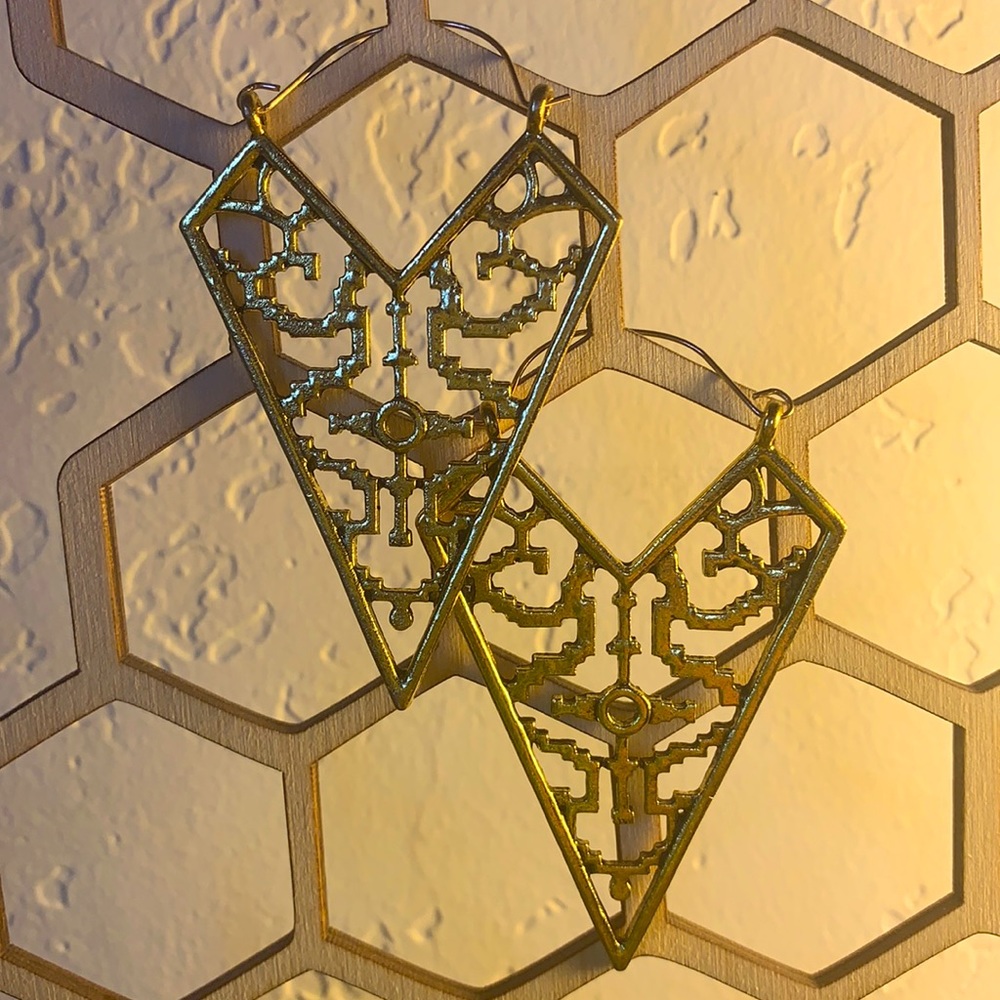 Large Gold Triangle Earrings w/ Southwestern Detail